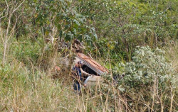Saveiro sai da estrada e capota no meio do mato no anel viário