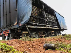 Caminhão carregado de cerveja pega fogo após pneu estourar