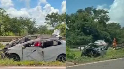 Carro fica destruído após atingir guard-rail e 2 pessoas são socorridas