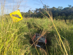 Carro de Adilson parou em meio à vegetação às margens da rodovia (Foto: Campo Grande News)